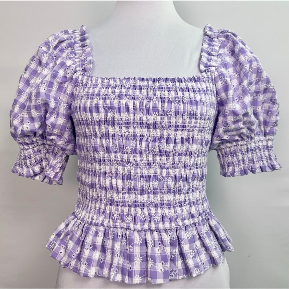 NWOT English Factory Smocked Gingham Puff Sleeve Blouse Square Neck Lavender XS - Picture 3 of 9